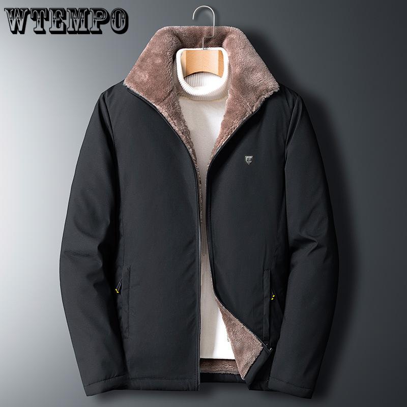 Men's Winter Stand-up Collar Coat with Fleece and Warm Cotton-padded Jacket Thickened Solid-color Down Jacket