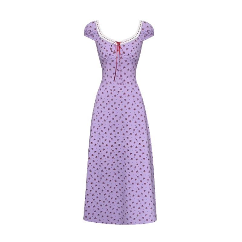 New Chinese national style taro purple luli Korean floral dress women's summer short-sleeved long dress waist thin long dress