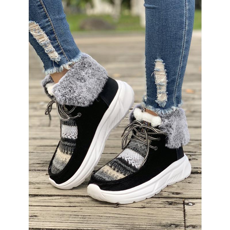 Große Schneestiefel für Damen sind im Herbst und Winter beliebt, neue warme und bequeme Schnür-Baumwollstiefel mit flachem Boden und Umschlag für Damen