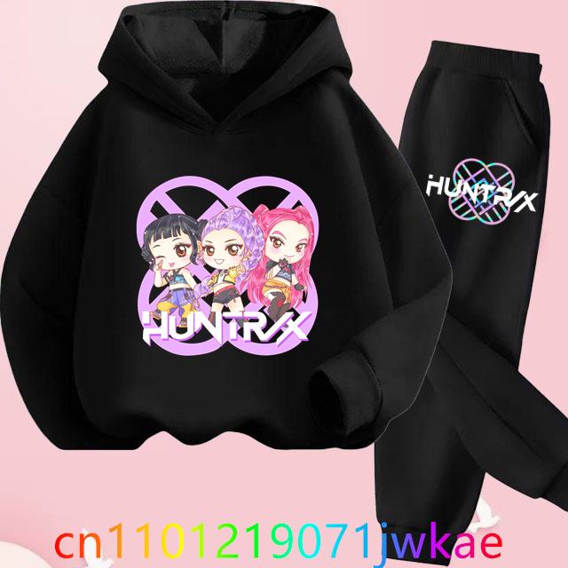 Teen KPop Demon Hunters Hoodies+Pants Sets Boys Girls Korean Anime Movie Hoody Fashion Long Sleeve Kids Hooded Sports Suits