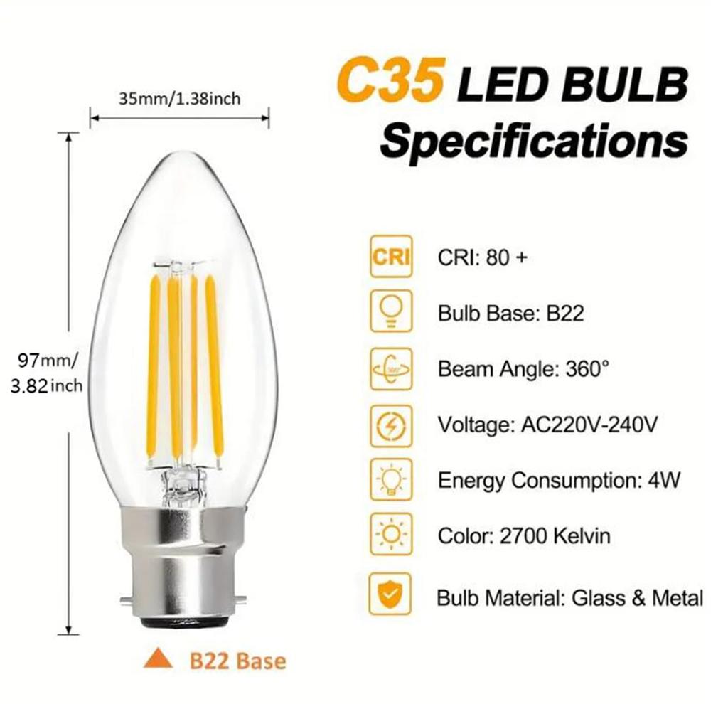5-Pack B22 Bayonet C35 LED Filament Bulbs, 4-Watt Equivalent (40-Watt) for Energy-Saving Lighting, Pendant Lamps, Table Lamps, and Wall Lamps