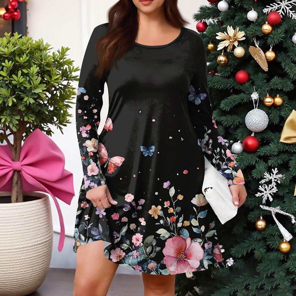 Plus Size Women's Gradient Print Casual Spring/Autumn Pocket Round Neck Long Sleeve Dress