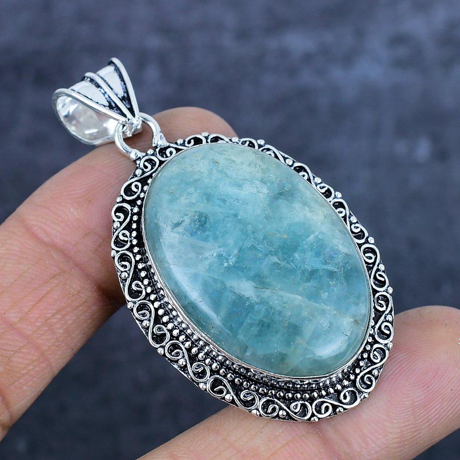 Pendentif en argent sterling 925 avec aigue-marine naturelle, 6 cm, N4Q65