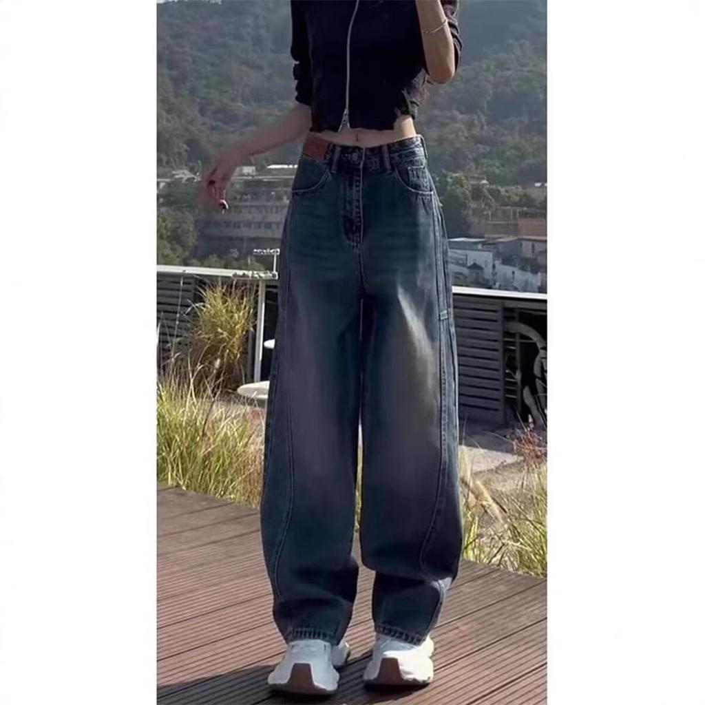 Women's Blue Retro Wide-Leg Jeans - Spring Collection, Floor-Length, Small To Plus Sizes, Trendy and Loose Fit.