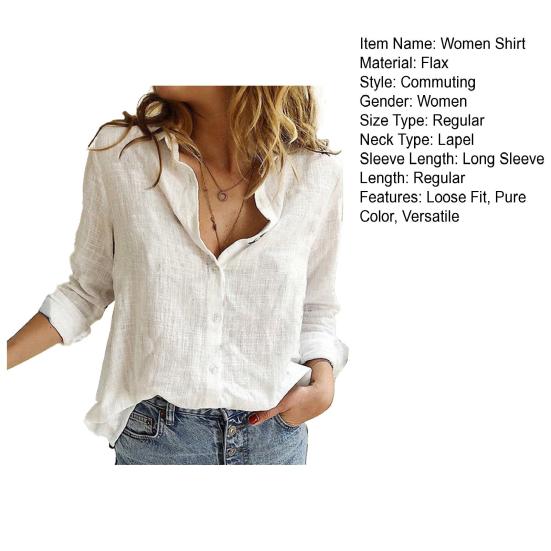 Women Shirt Lapel Long Sleeve Buttons Placket Shirt Tops Pure Color Loose Fit Breathable Moisture-Wicking Office Shirt