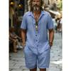 Men's Cotton100 Shirt & Shorts Set Short Sleeve Light Blue Loose Fit Casual Summer Beach Vacation Daily Two-Piece Outfit