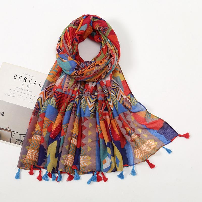 Spring and Autumn New Bali Yarn Tassel Retro Printed Geometric Scarf Versatile Fashion Travel Sunscreen Shawl Silk Scarf Women