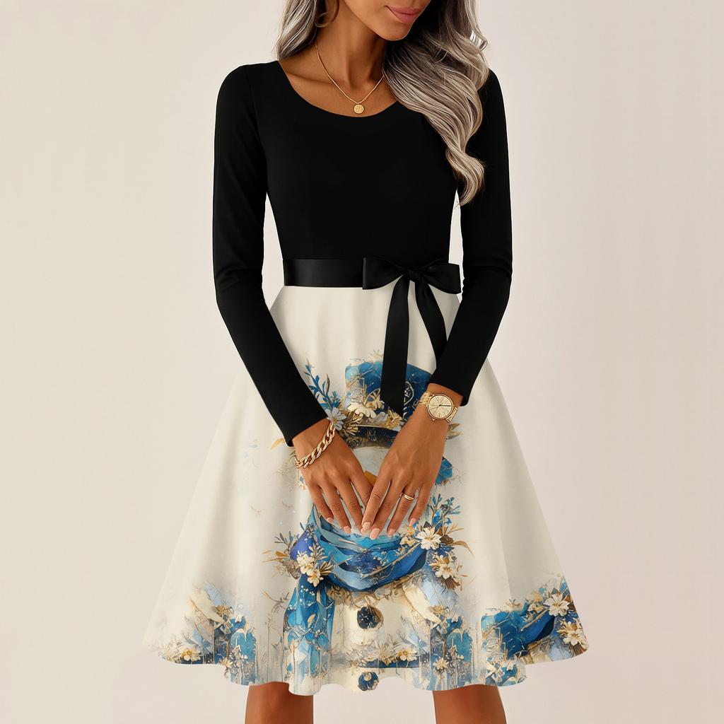 Women's Casual Fashion Round Neck Long Sleeve Christmas Printed Party Vintage Long Dresses