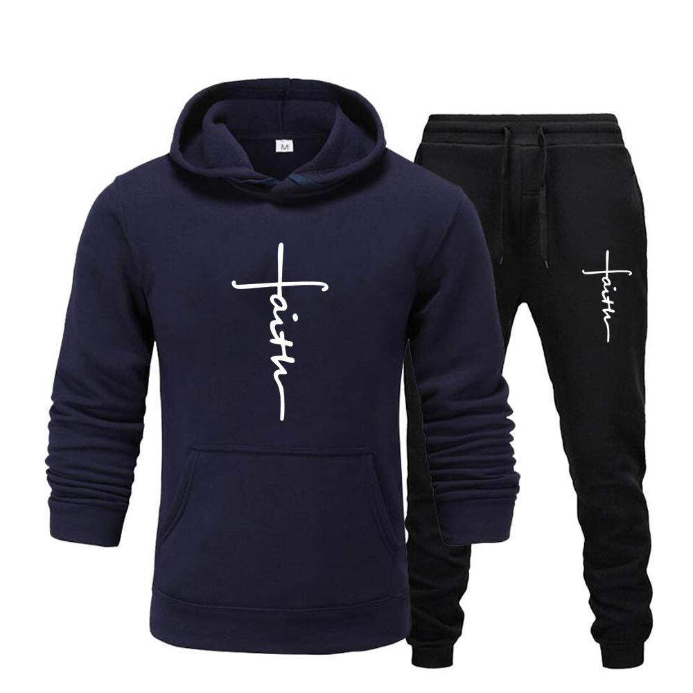 "Faith" Men's Casual Sports Hooded Sweatshirt +Drawstring Pants 2 Pieces Sets  Letter Print Sweatshirt Fleece Hoodie Set Men's