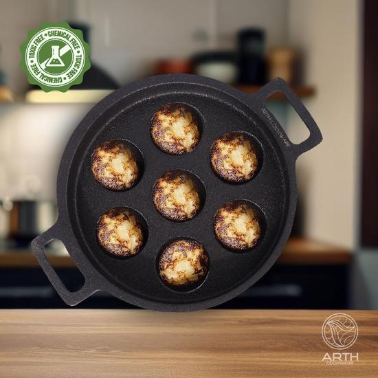 Arth The 7-Pits Pre-Seasoned Cast Iron Paniyaram Pan, 100% Natural and Toxic Free | 7 Pits - 22cms Diameter | NNaturally Non Stick and Long Lasting