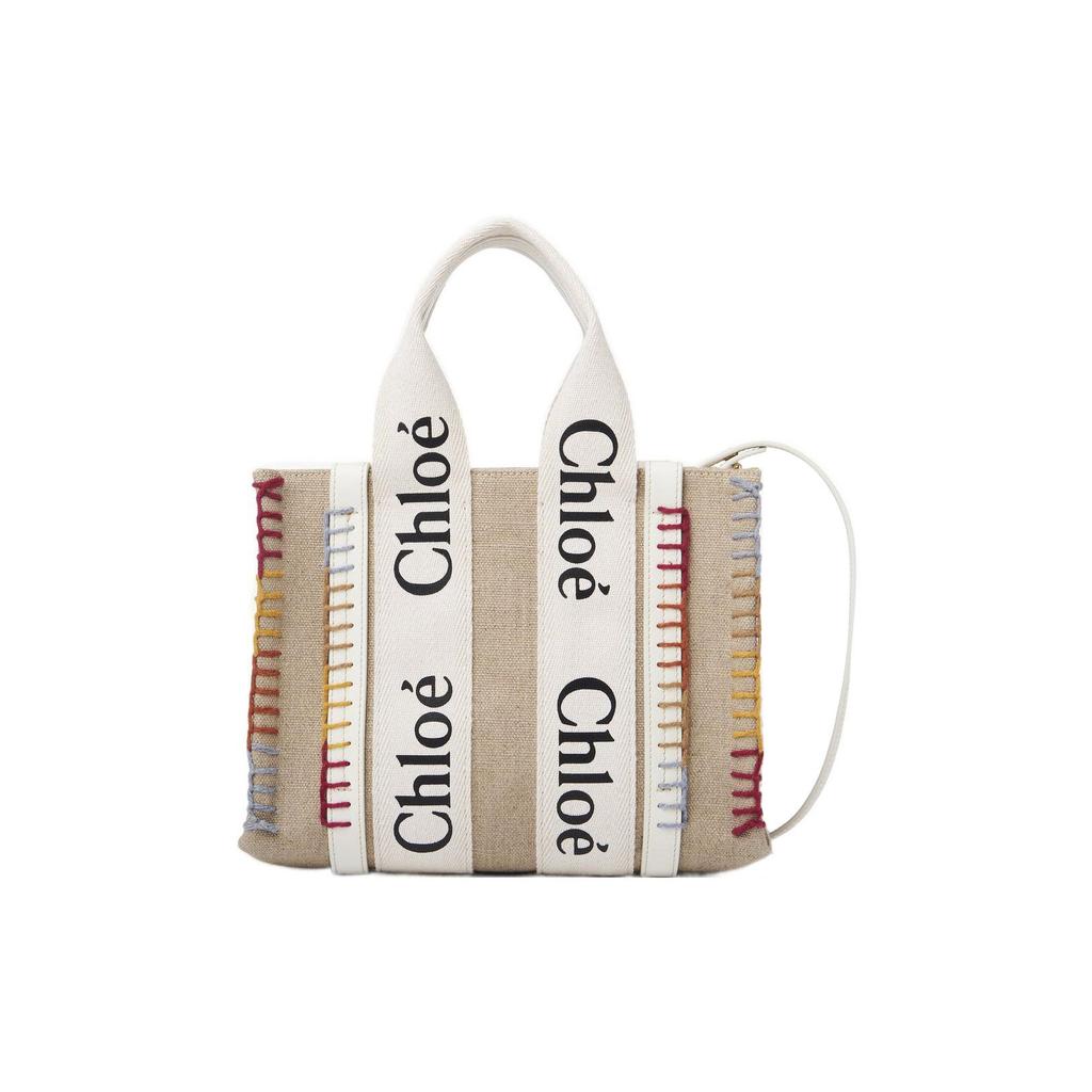 Chloe Woody Signature Logo Print Satin Ribbon Linen Canvas And Calfskin Tote Bag Women Tote Bags White CHC22-AS397H74-101