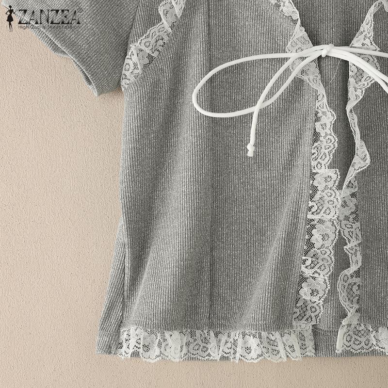 ZANZEA Women Casual Round Neck Short Sleeve Lace Splice Fake Two Piece Splice T-Shirts