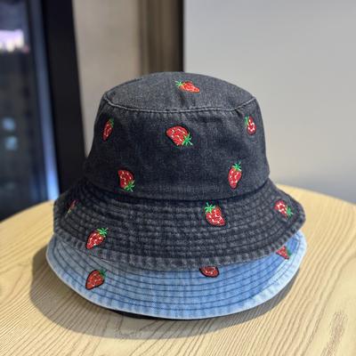 Korean-style Strawberry Embroidered Denim Bucket Hat for Men, Wide Brim Sun Protection, Fashionable and Versatile, Makes the Face Look Smaller,