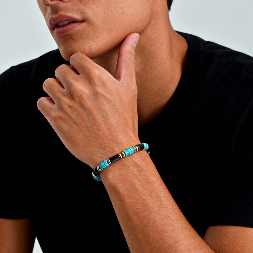 Vintage Imitation Natural Blue Stone Bead Bracelet for Men,Trendy Summer Bohemian Beaded Bracelet Gift