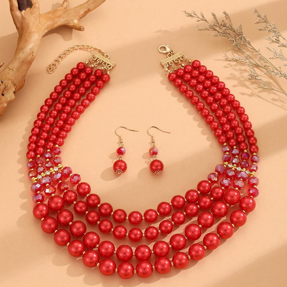Multi-layer Handmade Imitation Pearl Crystal Beaded Necklace Earring Jewelry Set for Women Party Accessories