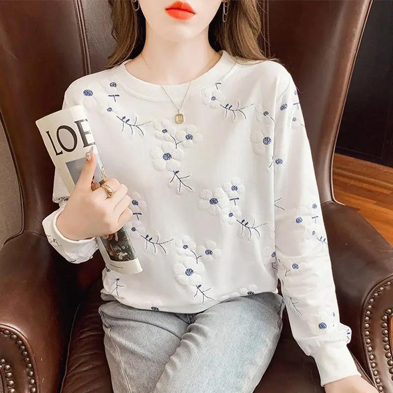 Sweatshirt New Thin Loose Long Sleeve T-Shirt Stylish Print Top Spring Autumn Round Collar Women's Cotton