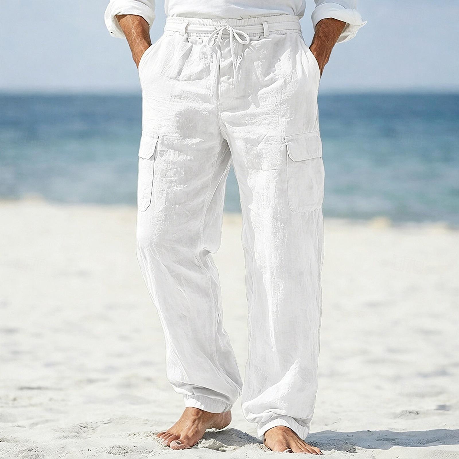 

Men s Cotton Linen Loose Fit Cargo Pants Breathable Lightweight Multi Pocket Drawstring Waist Wide Leg Trousers for Casual Outdoor Work S білий