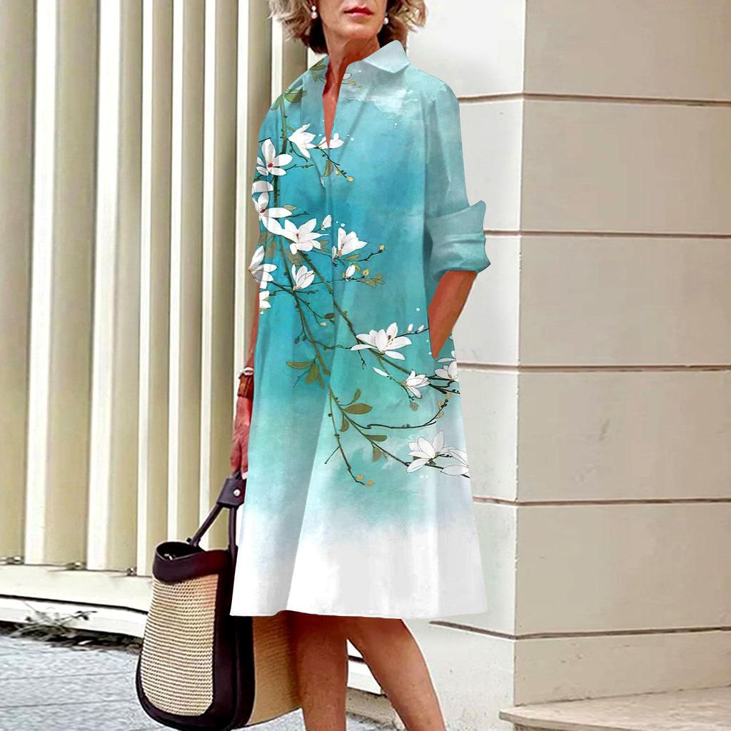 2023 Retro Kwiecista Jednorzędowa Sukienka Koszulowa dla Miejskich Kobiet