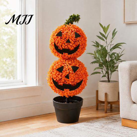 Outdoor Fall Yard Decorations Artificial Pumpkin Topiary Tree, Halloween Face Faux Boxwood Plants with Stake, Decorative Orange Autumn