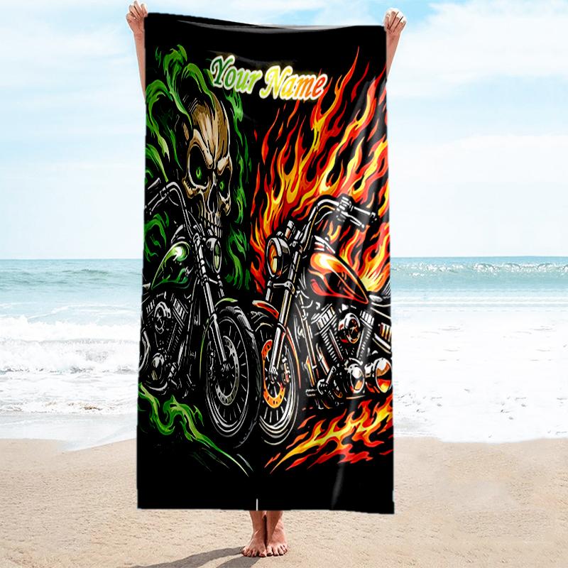 1PC Custom Name Skull Flames Motorcycle Art Beach Towel Highly Absorbent And Sand-Resistant Towel for Swimming, Pool, Yoga, And Travel Lightweight