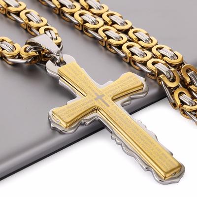 Nouveaux Colliers Pendentifs Croix Simples avec Mots Mystères Couleur Or Acier Inoxydable Chaîne Byzantine Bijoux Homme 6mm MN77