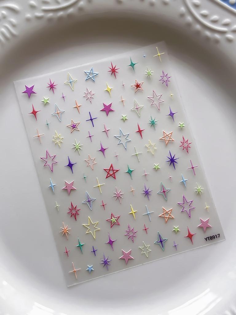 Color Hollow Star Nail Stickers, Y2K Self-Adhesive Pentagram Nail Decals, Colorful Mini Stars Suitable for DIY Press On Nails