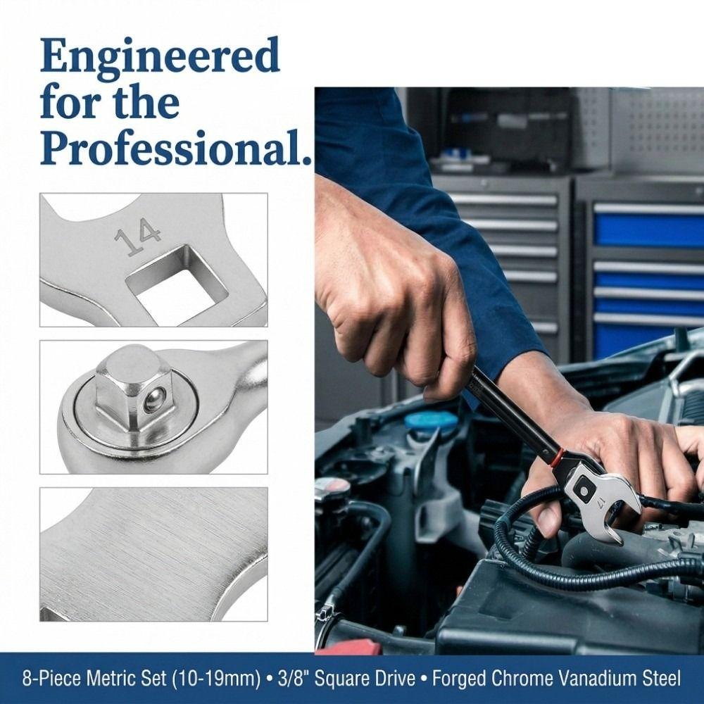 8Pcs Movable Head Nut Wrench Head 3/8" Replaceable Head 3/8" Drive Crowfoot Wrench Set  Tight Spaces