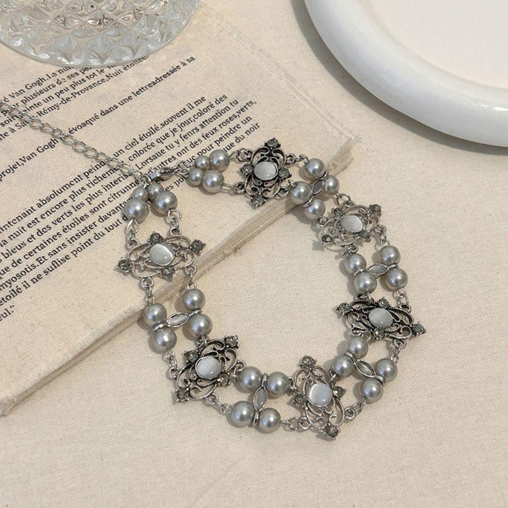 Hollow Double Layer Necklace Vintage Pearl Metal Necklace Elegant Pearl Beads Choker  Daily