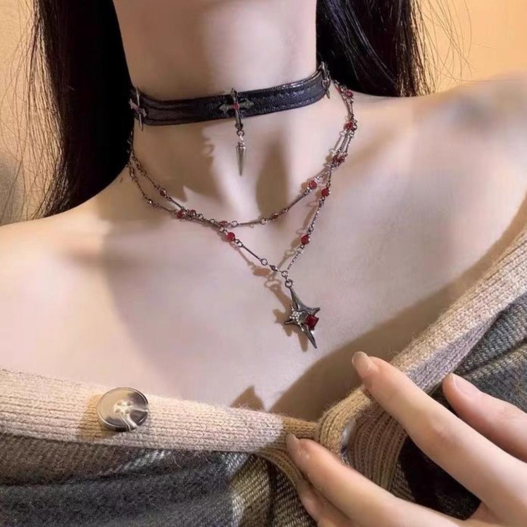 Two Tiers Gothic Crosses Pendant Necklace and Matching Leather Chokers for Unique Styles