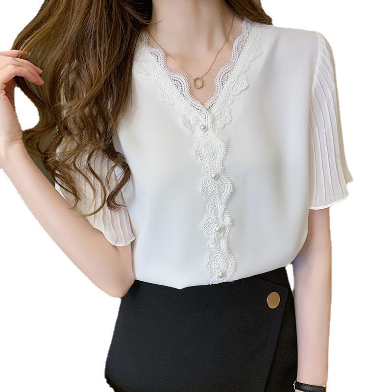 Women's Lace V-Neck Chiffon Short-Sleeve Summer Top - Stylish & Elegant