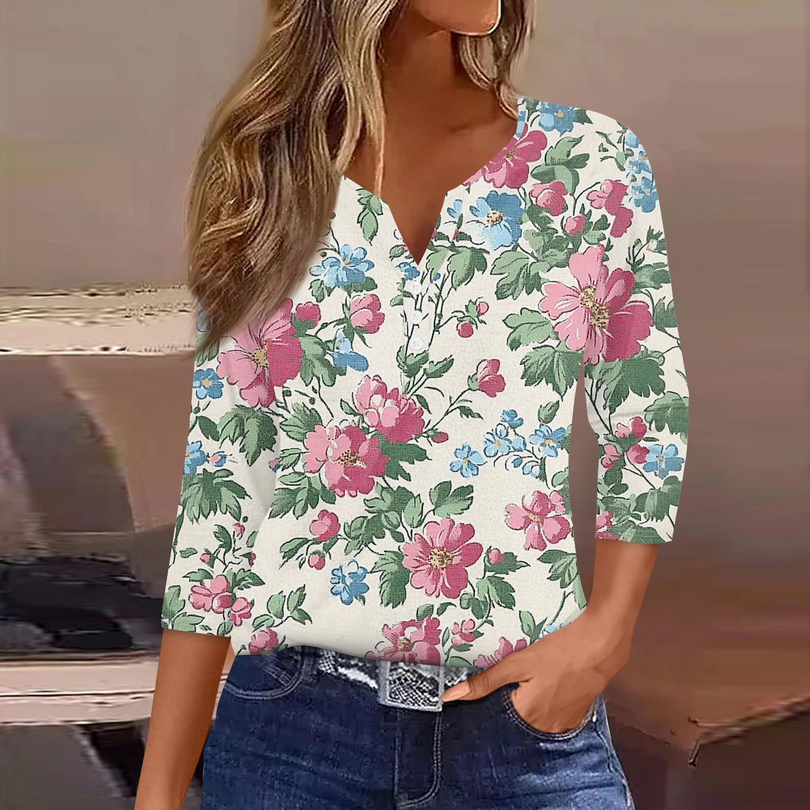 

Женская модная повседневная футболка с v-образным вырезом и декоративными пуговицами, рукавом три четверти, с цветочным принтом, топ S