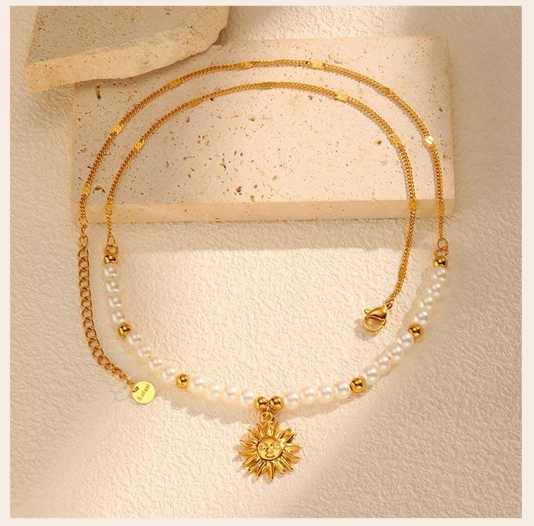 Stainless Steel Shell Sun Pendant Necklace for Women, Pearl Beaded Chain,18K Gold Plated Waterproof Tarnish-free Jewellery