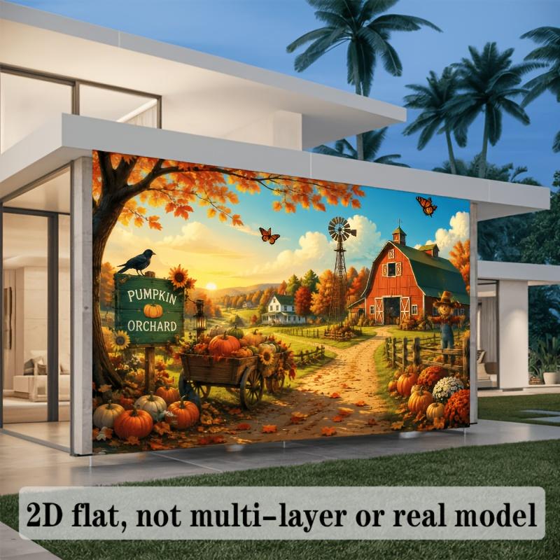 2D plane autumn pumpkin orchard farm-themed background fabric including red barn and scarecrowzyc