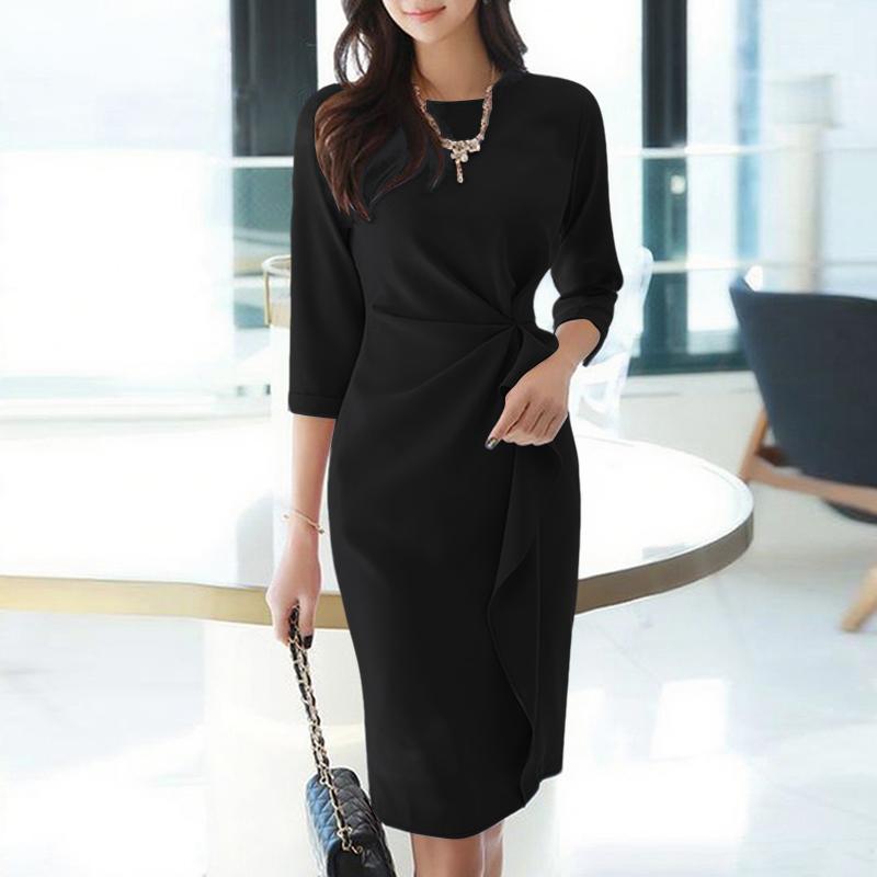 ZANZEA Women Casual Round Neck Solid Color 3/4 Sleeve Sheath Dress