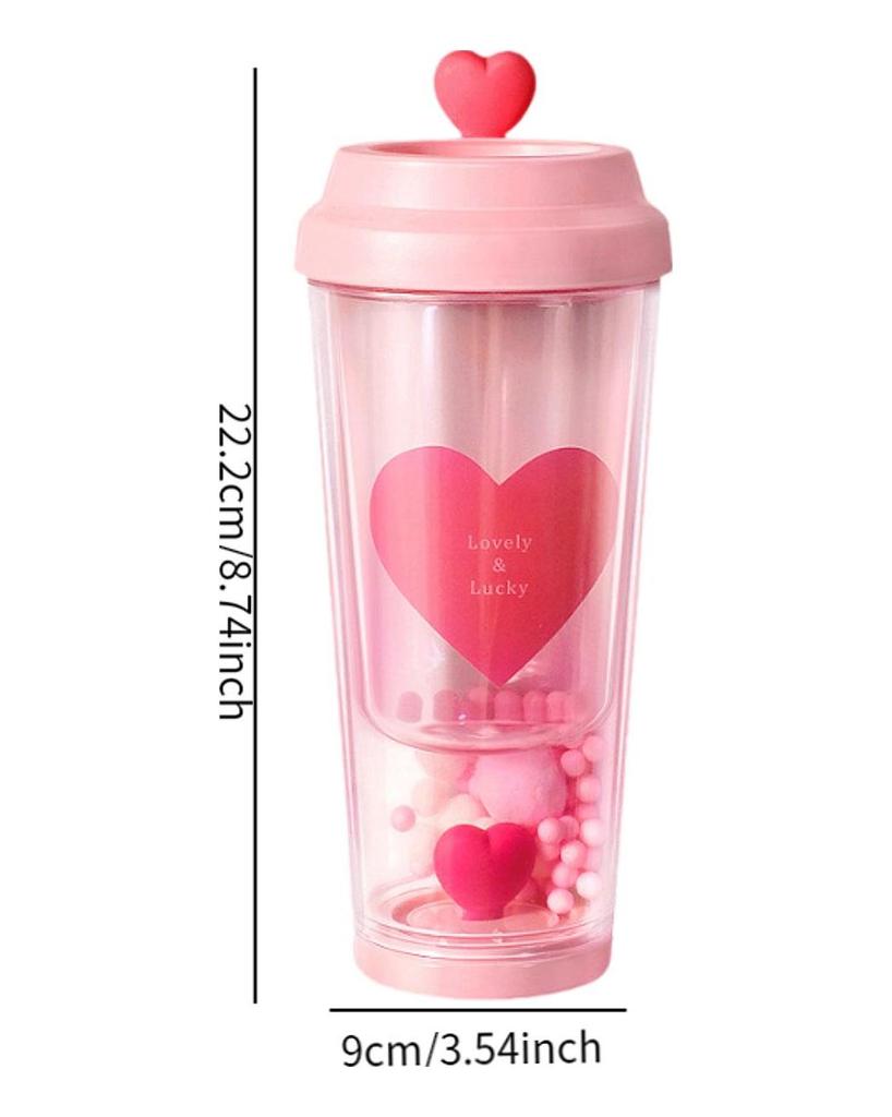 Heart Portable Cup Drinkware Leakproof Double Layer 435ml Tea Bottle Love Coffee Mug for Car Party