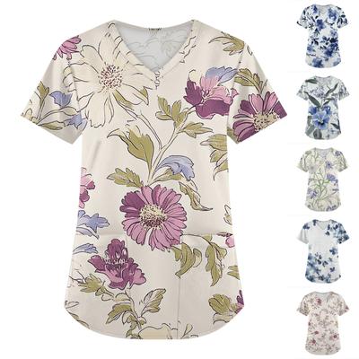 Women's Short Sleeve Fashion V Neck With Pockets Floral Print Tops  Clothes