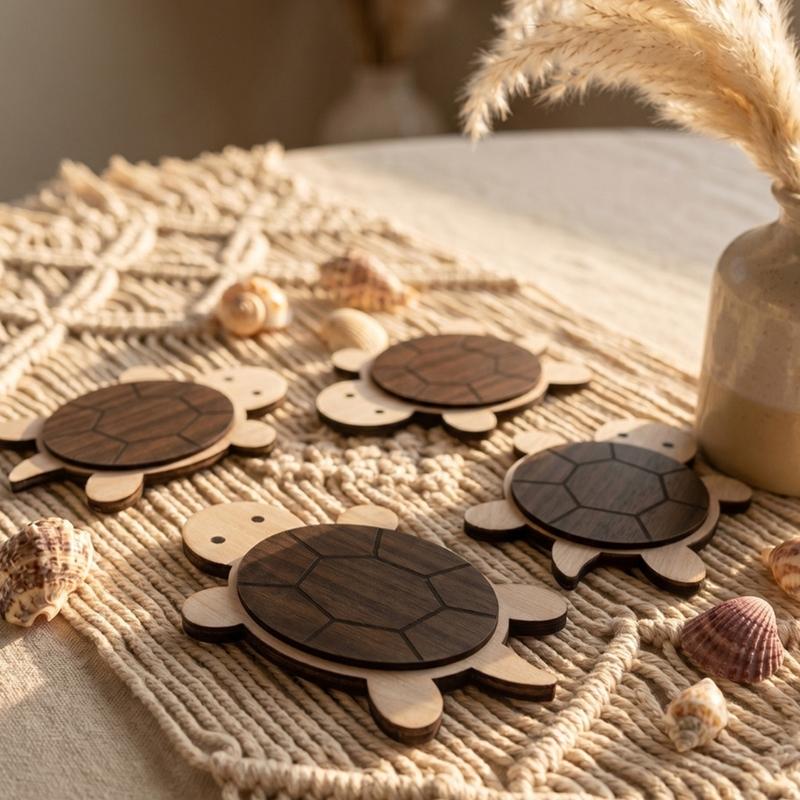 Mug Coasters for Table Protective, Wood Turtles Shape Drink Holders Mats Set of 4 with Layered Shell Top for Coffee Cups, Tea Cups and Daily Desk Use