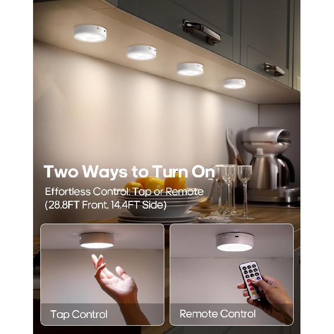 Puck Lights with Remote, Rechargeable White&13 RGB Colors Tap Lights, 6Pack | Under Cabinet Lights with Dimmer and Timer, LED Stick on Lights for
