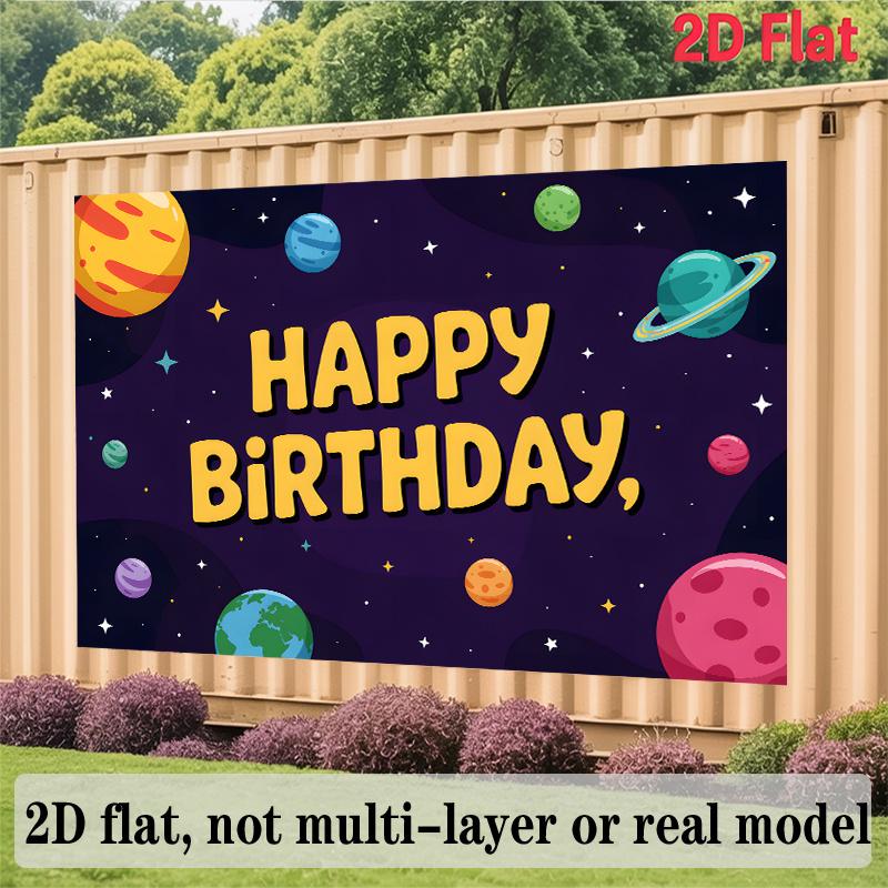 Space Theme Birthday Banner, Colorful Planets Stars Backdrop Wall Decor for Kids