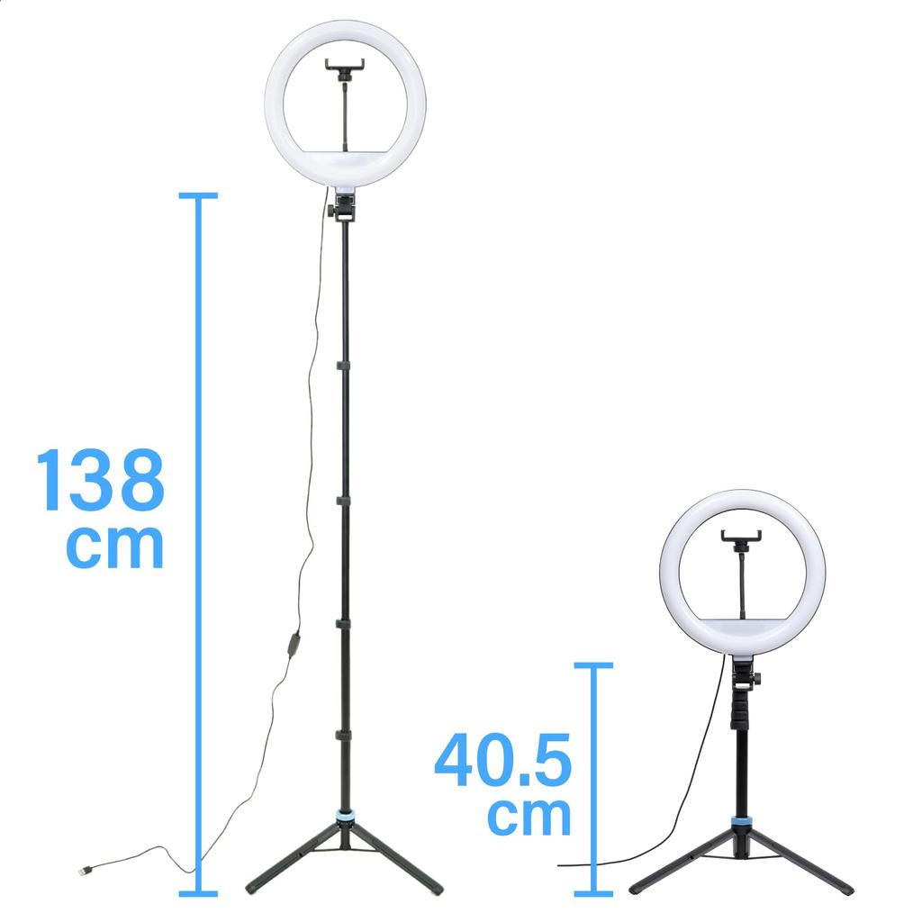 SLIK Stand Light 12, LED Ring Light with 11 Brightness Levels, 3 Color Temperature Settings, Smartphone Holder Included, Height 405mm-1380mm, Black
