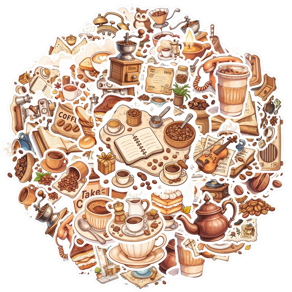 35-50pcs Vintage Coffee Stickers Retro Retro Coffee Scrapbooking Sticker Decals Diy Laptop Cup Decoration Waterproof Graffiti