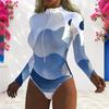 Women Plus Size Blue White Printed High Neck Front Zip Long Sleeve One Piece Swimsuit