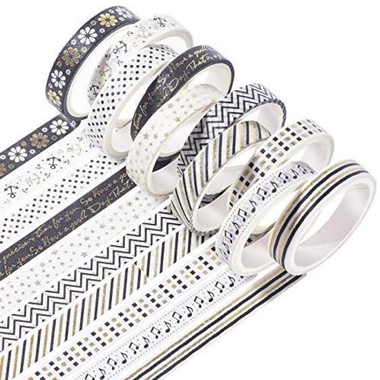YUBBAEX masking tape thin gold foil 8mm width x 10 rolls thin. Suitable gift wrapping DIY crafts notebook decoration (black white).
