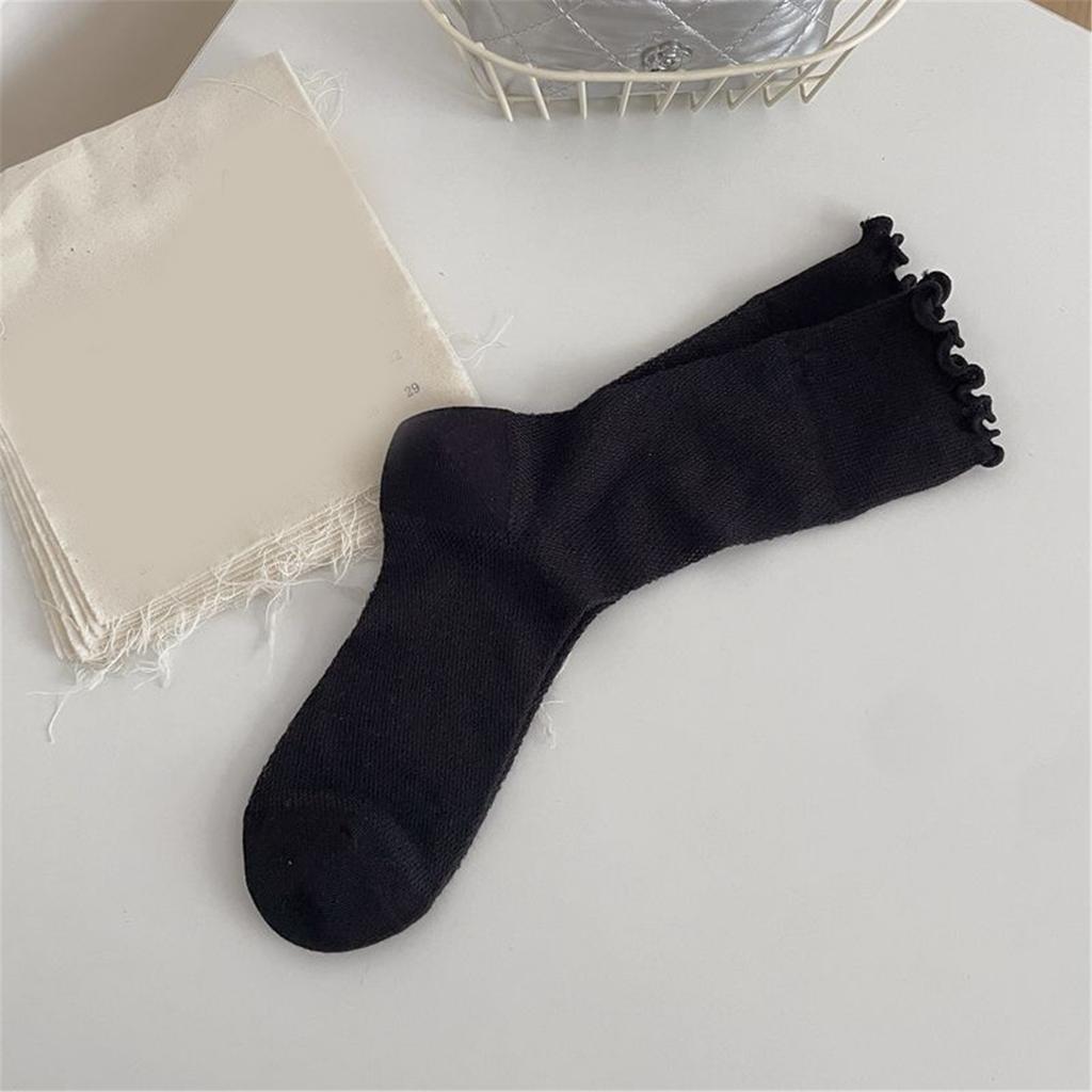 Stylish Womens Solid Color Middle Length Mesh Socks with Ruffle Turn Cuff Frilly Edging Seamless Breathable Crew Socks