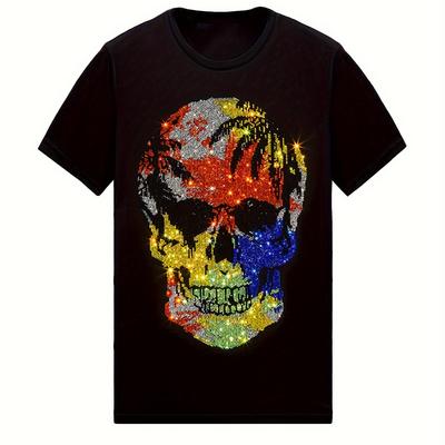 Herr Dam Gnistrande Strass Skalle Grafisk T-shirt Svart med Flerfärgad Bling Rund Hals Kort Ärm Avslappnad T-shirt