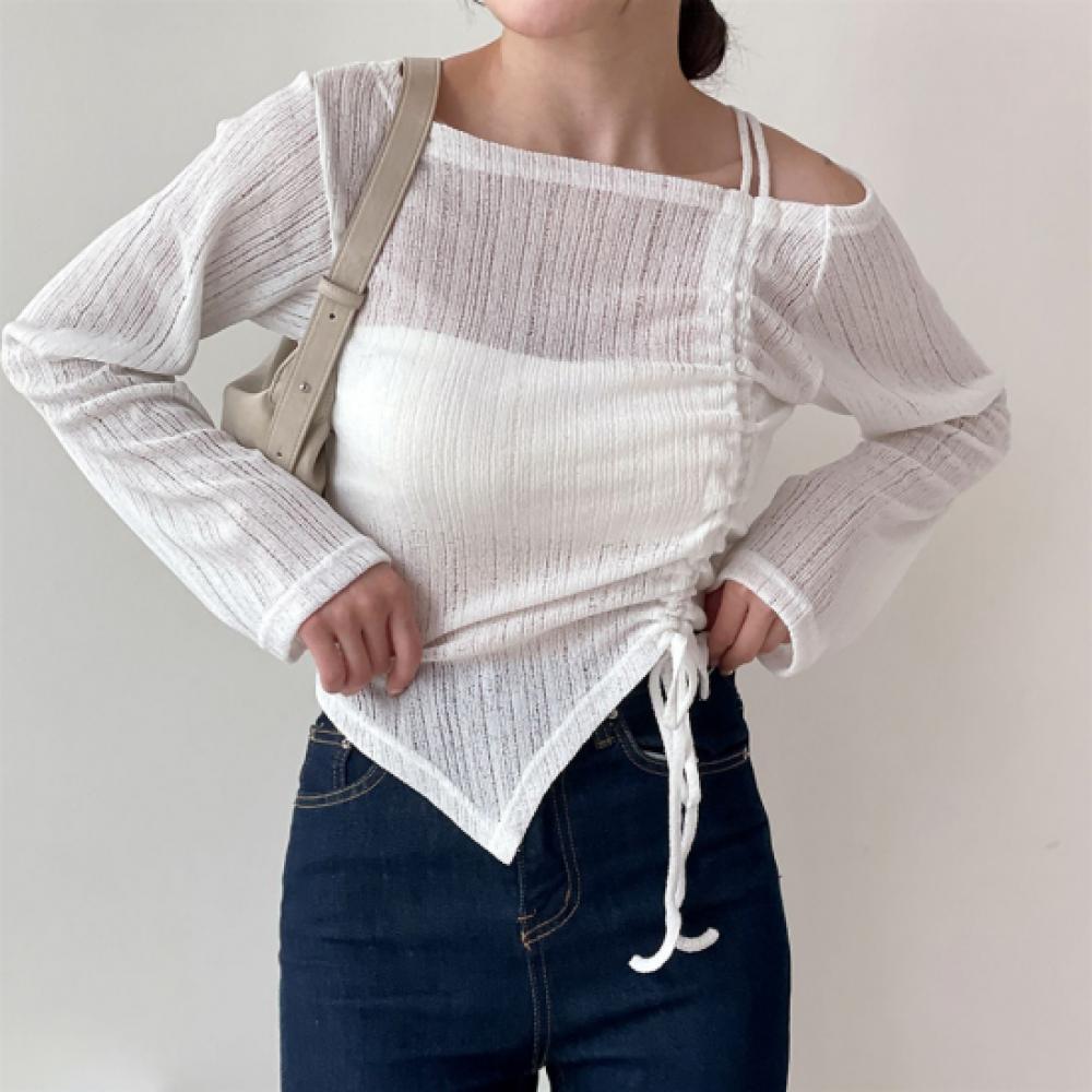 New Arrivals Open Run Women Sheer One Shoulder Shirred Long Sleeve T shirT Fall