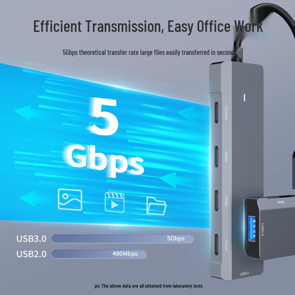 Type-C Five-in-One Hub: PD100W Fast Charging with USB3.0/Type-C Expansion.