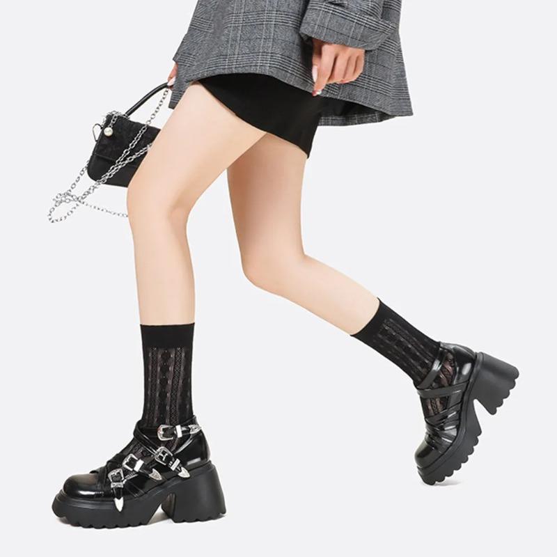 2025 Punk Women's Chunky Heels Shoes Fashion Black Gothic Buckle Belt Straps Platform Casual Pumps