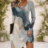 Women Criss Cross V Neck Long Sleeve Abstract Printed Curved Hem Dress
