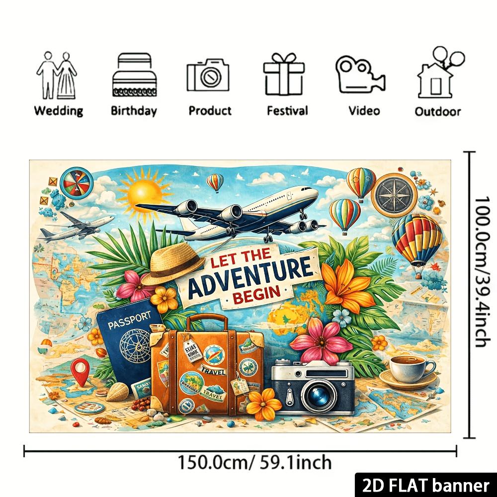2D flat travel adventure-themed banner background suitable for indoor and outdoor themed activities